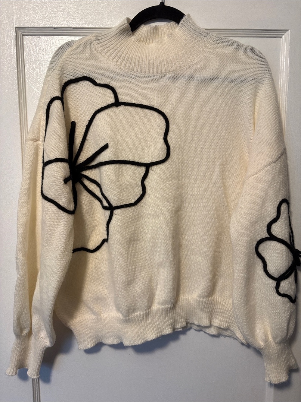 SHEIN Cream Mock Neck Sweater with Black Floral Outline